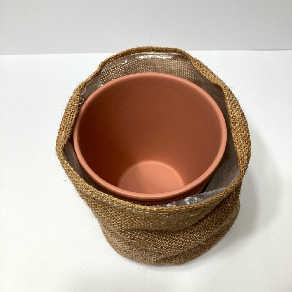 Striped Ceramic Plant Pot and Crochet Pot Holder